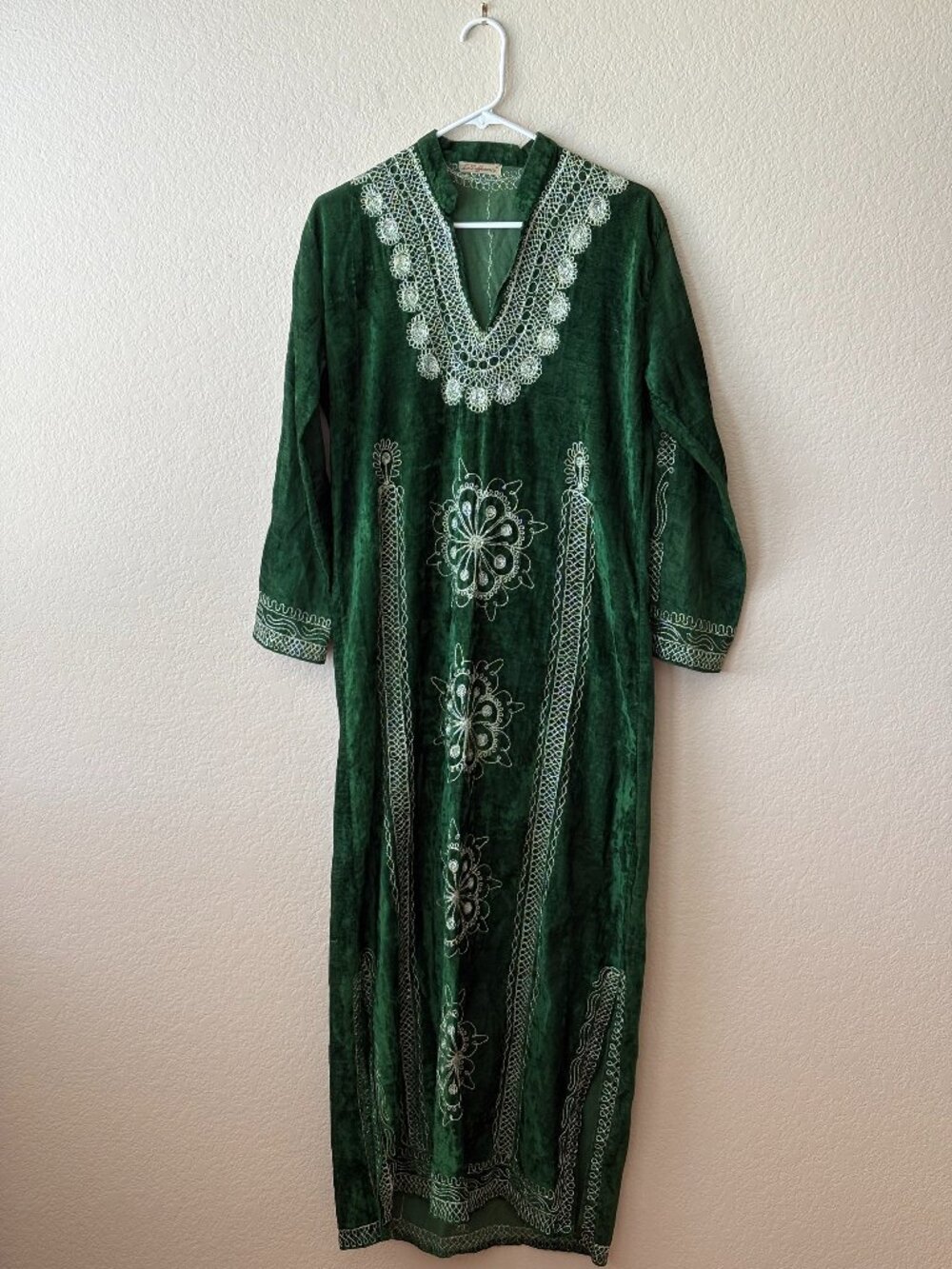 La Difference Green Velvet Look Embroidered Kaftan Maxi Dress Boho Moroccan M
